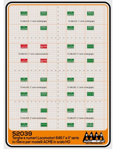 M52039 - Targhe e numeri locomotori 646 Ia e IIa serie in rilievo per ACME -  3D scala H0