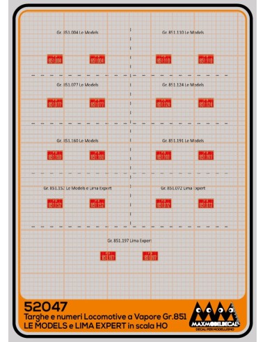 M52047 - Targhe e numeri locomotori a vapore Gr.851  per LEModels e LimaExpert -  3D